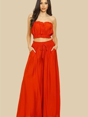 Red Strapless Wide-Leg Jumpsuit